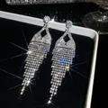 Close-up of sparkling rhinestone fringe earrings with heavy-duty crystal craftwork - 67# Silver Earring Post - Silver