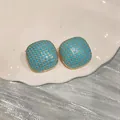 Elegant square turquoise geometric stud earrings with a gold-tone finish on a white plate - Geometric Square (HE33434) / Silver Earring Post-Blue