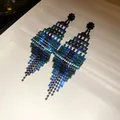Elegant long tassel earrings with sparkling blue and green rhinestones in luxury style - 32# Silver Needle - Gun Black - Green