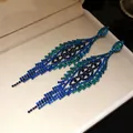 Exquisite heavy-duty blue and teal rhinestone long tassel earrings in leaf design - 47# Silver Needle - Gun Black - Green