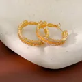 Elegant gold plated hoop earrings with double row zircon studs and silver needles - Gold