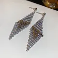 Sparkling silver plated rhinestone tassel earrings with geometric diamond shape. - 76# Silver Needle - Silver (gold Plated)