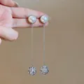 French style silver long drop earrings with pearl studs and sparkling pavé rhinestone balls - Silver