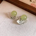 Retro fan-shaped stud earrings featuring green resin beads and a delicate bamboo pattern - Silver Earring Post (HE34304) / Silver-Green