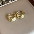 Detail of 18K gold plated hoop earrings featuring a sophisticated brushed matte texture. - Ear Buckle / Gold