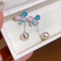 Elegant silver butterfly zircon stud earrings with pink blue petals and pearl tassels - Butterfly Tassel Style / Silver-Blue-Pink