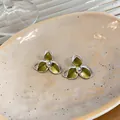 Elegant French style green enamel flower stud earrings with premium silver needle - Silver Earring Post - Silver - Green