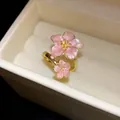 Elegant pink glitter enamel cherry blossom adjustable ring in a velvet gift box. - Pink
