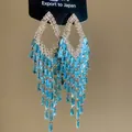 Elegant blue faceted glass fringe tassel earrings with sparkling silver-toned crystals - 5# Silver Pin - Gold - Blue