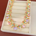 Exquisite palace style gold plated necklace with multi-color zircon and enamel details - Necklace-Gold-Pink-Lavender