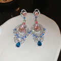 Luxury silver needle drop earrings featuring ornate pink and blue faceted crystals - 9# Silver Pin - Silver - Pink