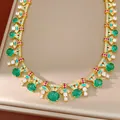 Luxurious gold-plated oval green zircon necklace with exquisite drip oil and crystal accents - Necklace-Gold-Green