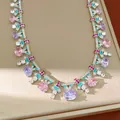 Exquisite palace style necklace featuring colorful zircons and blue enamel fan motifs - Necklace-Silver-Pink-Lavender