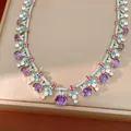 Vintage royal style necklace with purple zirconia and teal enamel in silver finish - Necklace-Silver-Purple