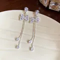 Eleganti orecchini a fiocco in argento con zirconi brillanti e nappe lunghe - Stile Fiocco Nappa Lunga (17#)