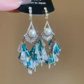 Elegant teal glass bead tassel earrings with pearls and crystals in ethnic style - 19# Silver Earring Post - Gold Blue