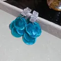 Elegant blue layered disc earrings with square crystal studs on grey velvet stand - 31# Silver Needle - Blue