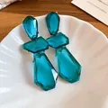Elegant teal blue geometric faceted glass drop earrings with gold-tone metal setting - 39# Silver Needle - Blue