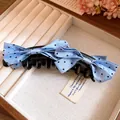 Detailansicht einer hellblauen Bananenspange mit gepunkteter Schleife in Box. - Twist Clip / Blau