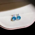Elegant round blue glass faceted stud earrings with silver needle post for women - 40# Silver Pin - Silver - Blue