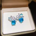 Elegant silver stud earrings featuring blue geometric faceted stones and white pearls - 41# Silver Needle - Blue