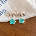 Elegant silver needle turquoise glass bead drop earrings with ribbed metal design - 42# Silver Needle - Silver - Blue