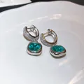Elegant teal cushion-cut gemstone hoop earrings with silver needles and micro CZ pave - 43# Earring - Green
