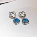 Luxury silver-tone earrings with brilliant blue cushion-cut stones and pavé crystals - 44# Earring - Blue