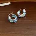 Light blue geometric faceted glass hoop earrings with silver-tone finish and minimalist design - 45# Earring - Silver - Blue