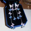 Sparkling butterfly tassel earrings with pink and blue crystals in a gift box. - 46# Silver Needle -- Silver -- Pink -- Blue