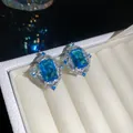 Exquisite blue rectangular crystal stud earrings with silver needles and halo stones - 48# Silver Earring Post-Silver-Blue