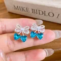 Elegant silver stud earrings featuring blue heart-shaped cherries and crystal bow details - 49# Silver Post - Silver - Blue