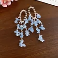 Elegant light blue geometric glass beaded tassel stud earrings with crystal halo - 55# Silver Needle - Silver - Blue