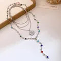 Multi-layer silver metal necklace with colorful round beads and flower pendant charm - Set of Multi-piece (Multicolor) / Silver (White)