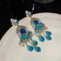 Elegant ethnic style blue geometric glass bead tassel earrings with 925 silver pins - 67# Silver Needle - Blue
