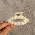Elegant cream pearl hair claw clip with intricate floral pattern for stylish women's hairstyle - 04# (approx. 8cm)
