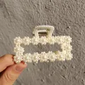 Elegant white pearl flower hair claw clip for women's decorative hair styling accessory - Rectangular Hollow Flower Style(05#) / Approx. 8cm
