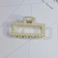 Elegant cream white rectangular hair claw clip decorated with glossy faux pearls for women - Rectangular Hollow Style(4#) / Approx. 8cm