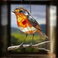 Detailed view of a colorful stained glass bird suncatcher ornament hanging on a tree branch - Artistic Bird on Branch (2) / 20x20x0.2cm