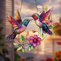 Vibrant stained glass suncatcher featuring two hummingbirds and colorful flowers - Hummingbird and Flower Style (4) / 20x20x0.2cm
