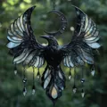 Macro view of gothic stained glass raven suncatcher with moon and crystal pendants - 15*15*0.2 / Gothic Crow Style (24)