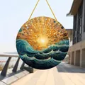 Bohemian style colorful acrylic circular hanging ornament with sun and sea waves design - Sunset Waves Style (9) / 15x15x0.2cm