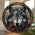 Decorative Bohemian style acrylic round disc featuring a wolf head stained glass design - 15 / 15*15*0.2cm 35g