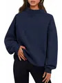 Casual navy blue mock neck oversized sweatshirt for women with ribbed cuffs and hem - S / Tops / Navy Blue