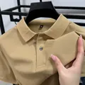 Close-up of khaki short-sleeve Polo shirt in premium pique cotton fabric texture. - M / Pale Yellow