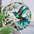 Vibrant Bohemian stained-glass style hummingbird acrylic hanging decor with flower details - Colorful Hummingbird and Flowers Style (28) / 15x15x0.2cm