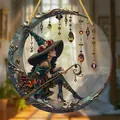 Bohemian style acrylic round hanging ornament with witch on crescent moon design - Witch on the Moon Style (31) / 15x15x0.2cm