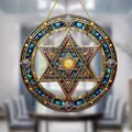 Bohemian style colorful acrylic hanging disk with stained glass Star of David pattern - Mosaic Hexagram Style (39) / 15x15x0.2cm