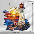 Handmade 20cm lighthouse stained glass suncatcher with vibrant sunset scene for window - 15*15*0.2 / Seaside Lighthouse Sunset Style (60)