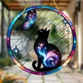Bohemian stained glass style acrylic cat and butterfly suncatcher disc - Galaxy Butterfly Black Cat Style (27) / 15x15x0.2cm